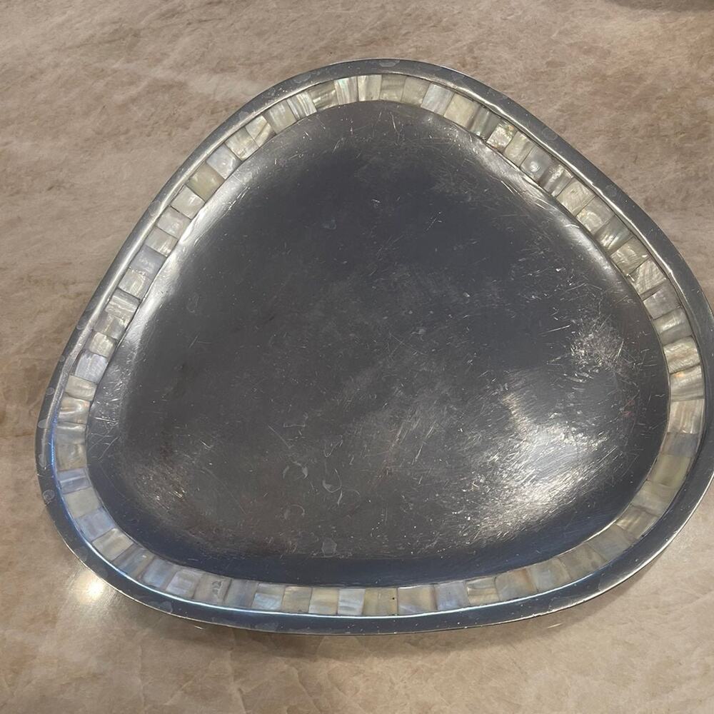Holland Boone polished pewter tray large with mother of Pearl 14” abalone